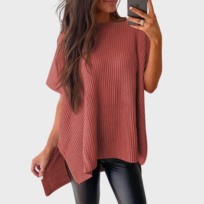 Women's Oversized Puff Sleeve Knit Pullover Round Neck Side Slit Casual
