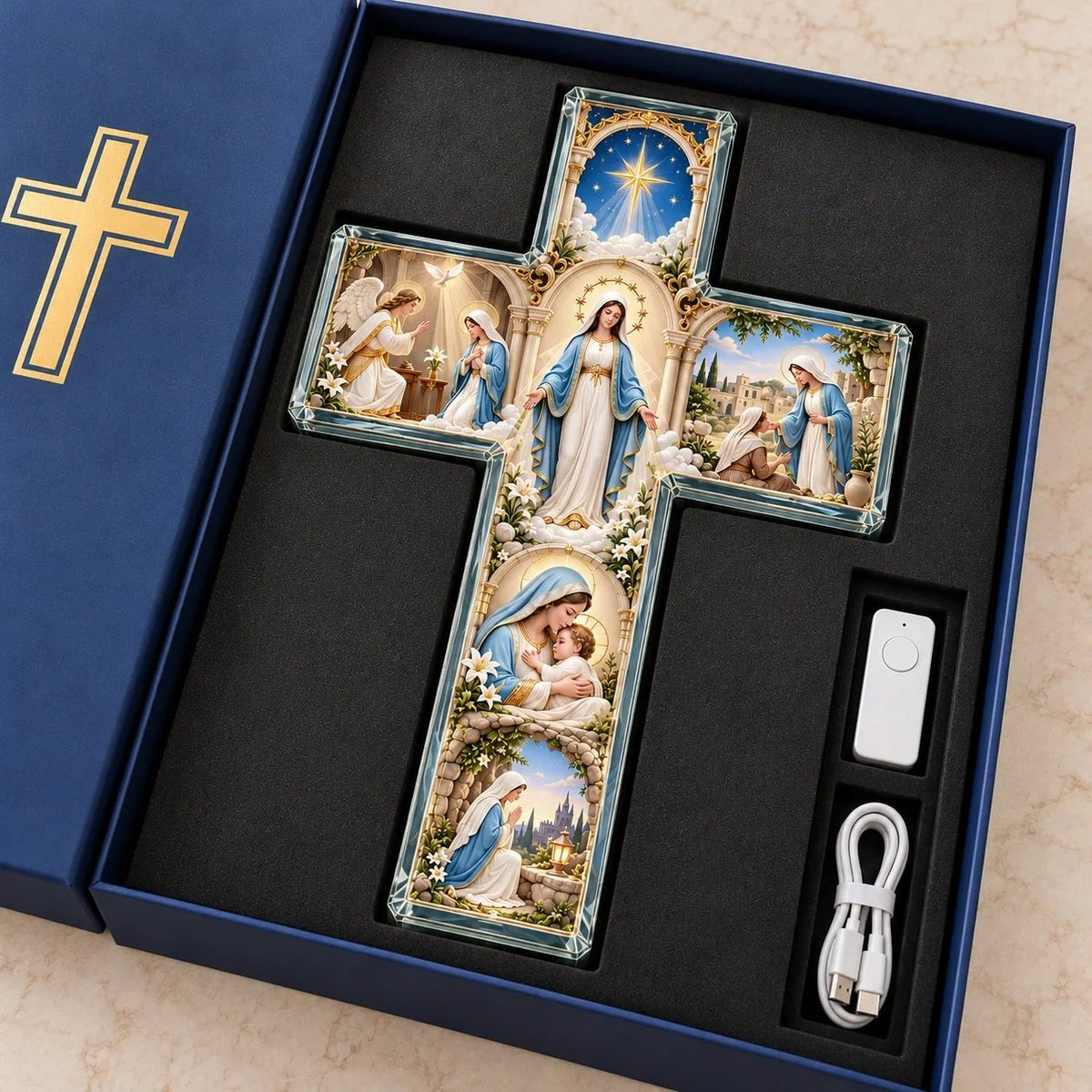 ✝️✨ Mary’s Sacred Journey – Illuminated 6-Scene Cross