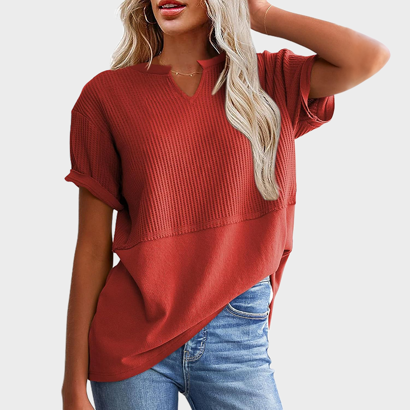 Women's Casual V Neck Waffle Knit Tops Short Sleeve T Shirts