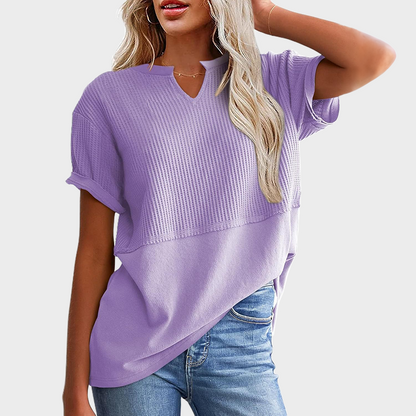 Women's Casual V Neck Waffle Knit Tops Short Sleeve T Shirts