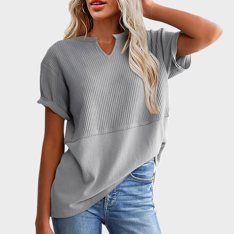 Women's Casual V Neck Waffle Knit Tops Short Sleeve T Shirts