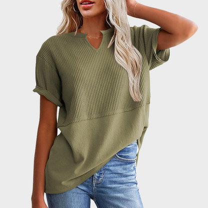 Women's Casual V Neck Waffle Knit Tops Short Sleeve T Shirts