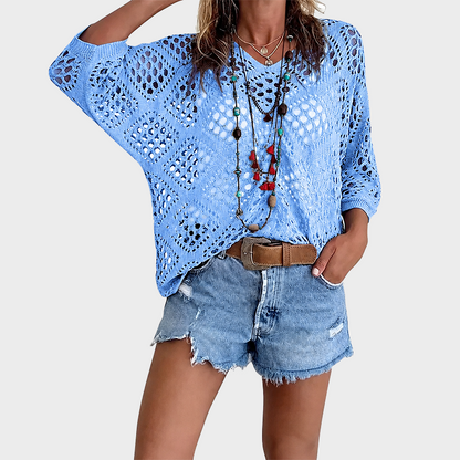 Womens Bohemian-Inspired Beige Crochet Top with V-Neck