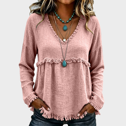 Women’s Boho V Neck Long Sleeve Fringe Top