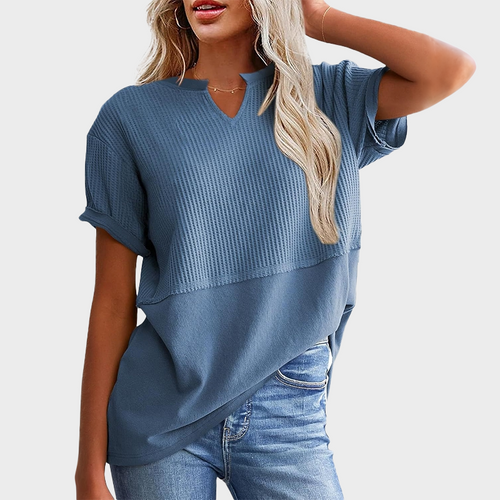 Women's Casual V Neck Waffle Knit Tops Short Sleeve T Shirts
