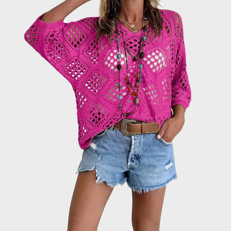 Womens Bohemian-Inspired Beige Crochet Top with V-Neck