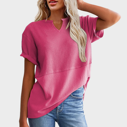 Women's Casual V Neck Waffle Knit Tops Short Sleeve T Shirts