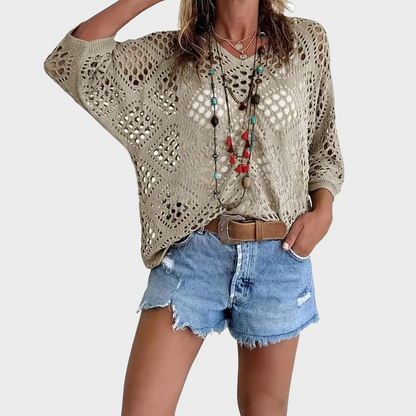 Womens Bohemian-Inspired Beige Crochet Top with V-Neck