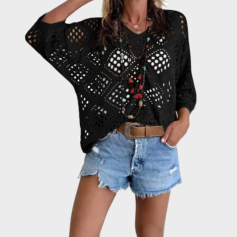 Womens Bohemian-Inspired Beige Crochet Top with V-Neck