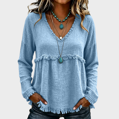 Women’s Boho V Neck Long Sleeve Fringe Top