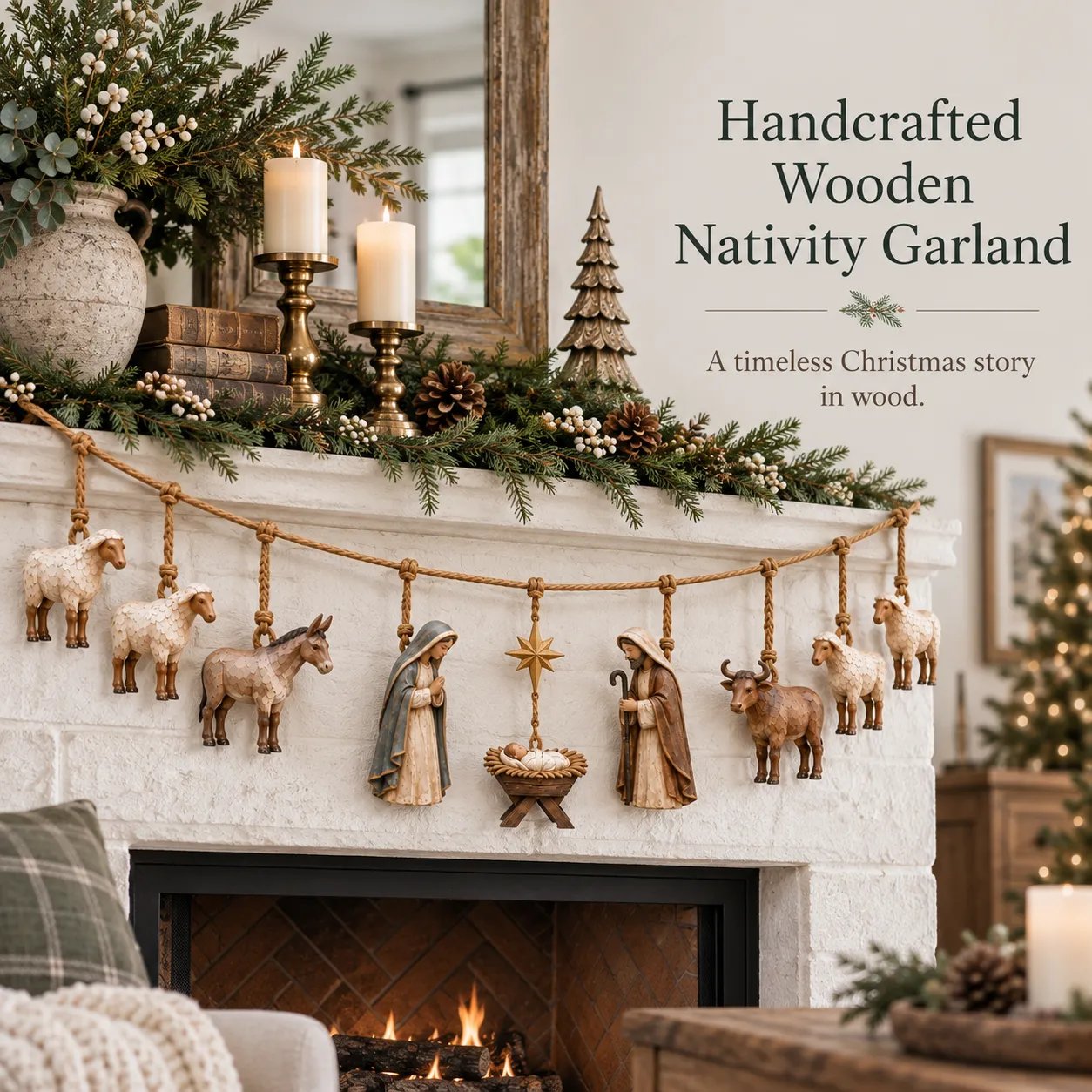 Handcrafted Wooden Nativity Garland with Holy Family and animals