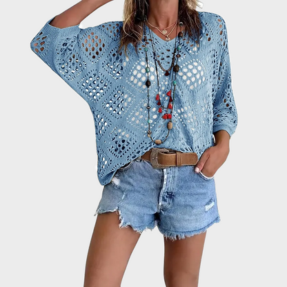 Womens Bohemian-Inspired Beige Crochet Top with V-Neck