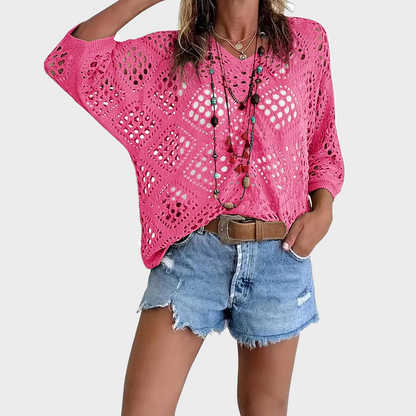 Womens Bohemian-Inspired Beige Crochet Top with V-Neck