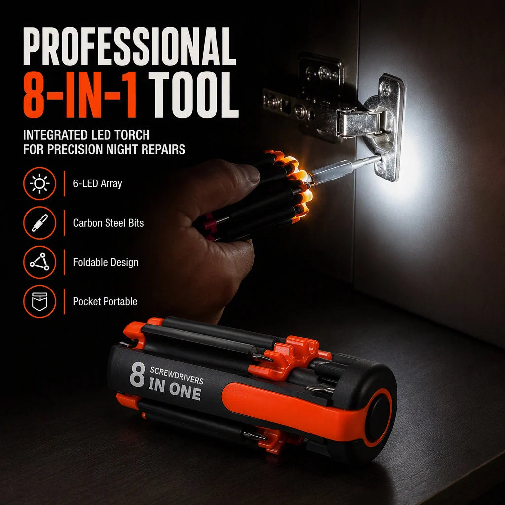 ⏰🔧8-in-1 Folding Screwdriver – Built-In LED Work Light & Flashlight