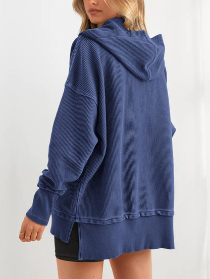 Women's Oversized Long Sleeve Button Up V Neck Hoodie