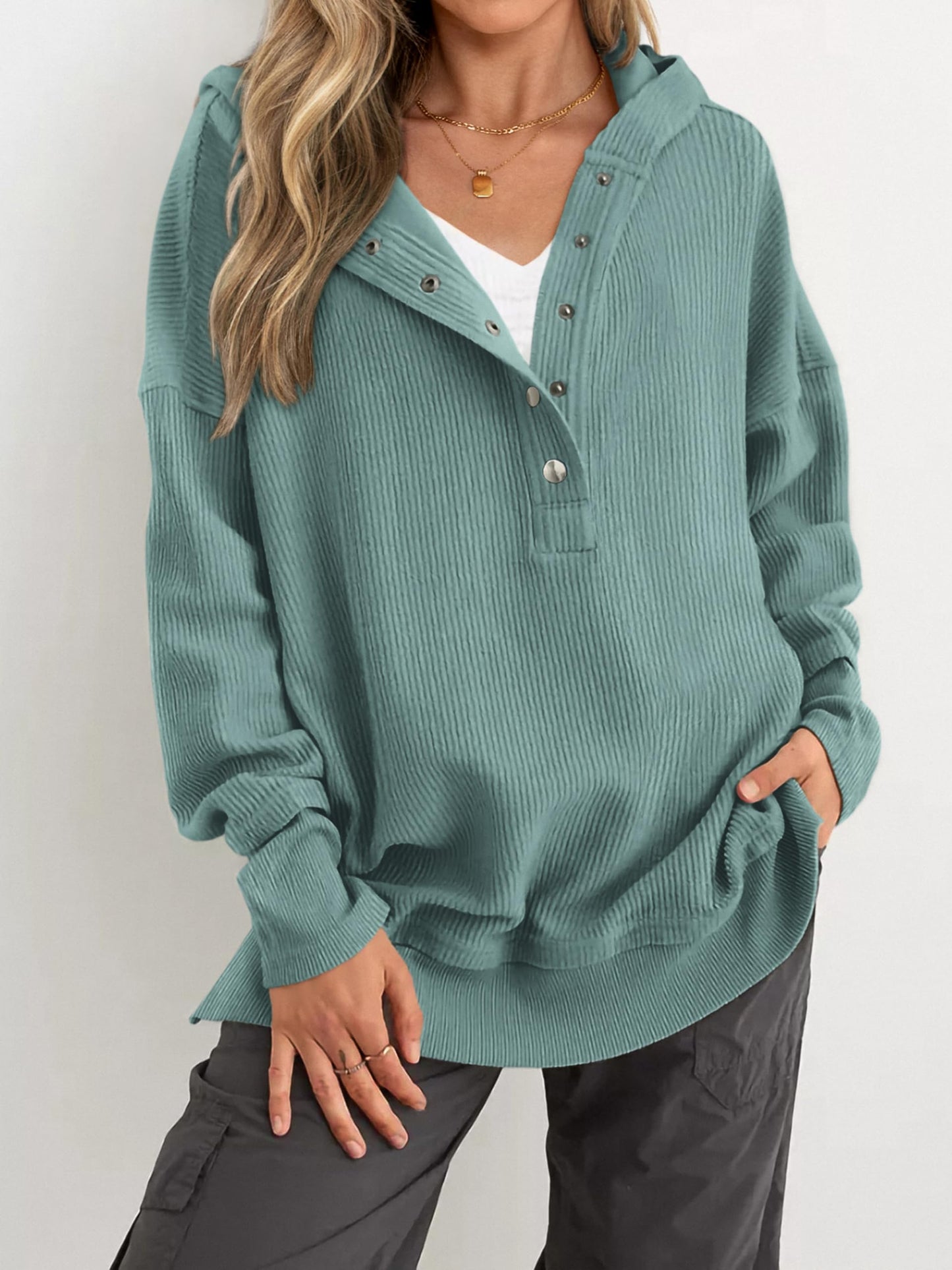 Women's Oversized Long Sleeve Button Up V Neck Hoodie