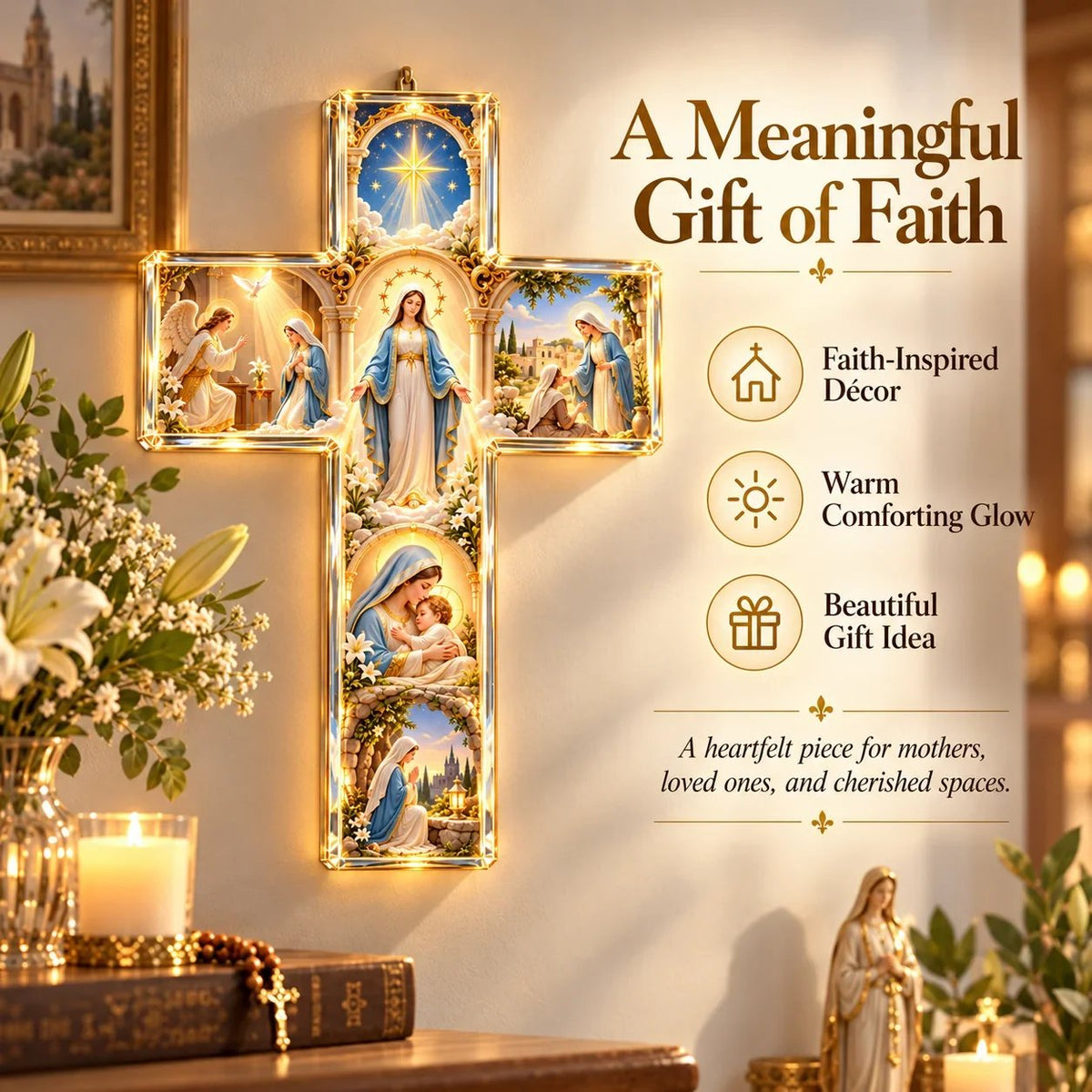 ✝️✨ Mary’s Sacred Journey – Illuminated 6-Scene Cross