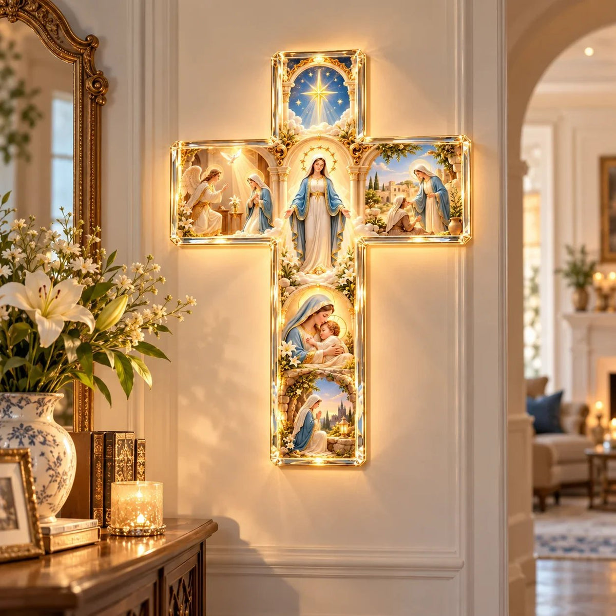 ✝️✨ Mary’s Sacred Journey – Illuminated 6-Scene Cross