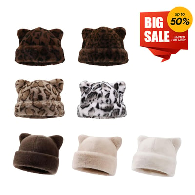 Leopard Print Plush Cat Ear Hat