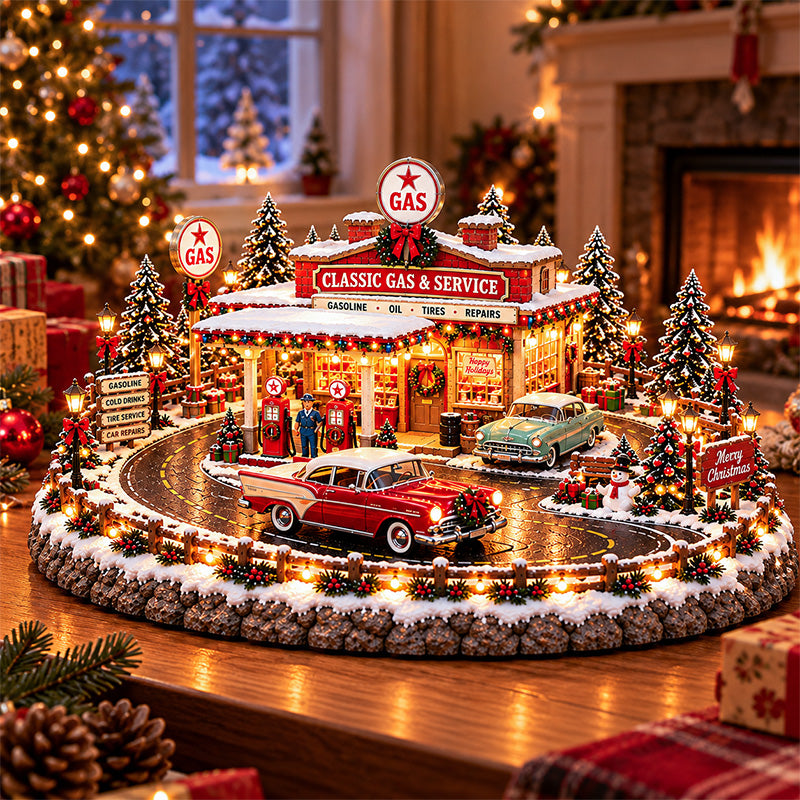 Lighted Christmas Classic Gas Station Village beside fireplace