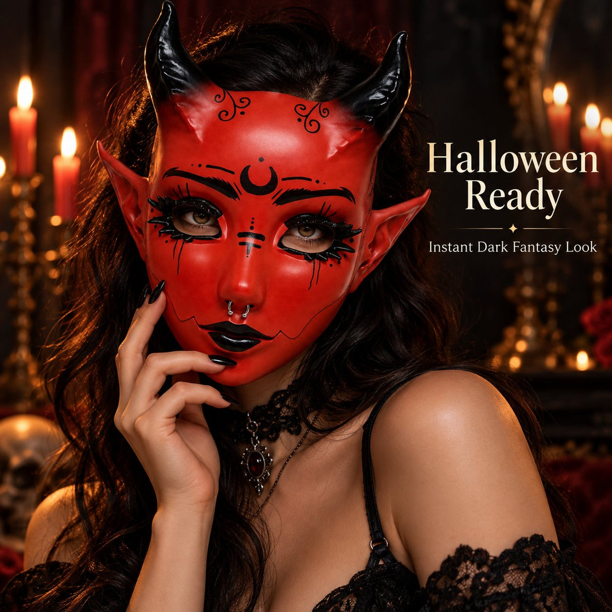 😈 Crimson Horned Demon Mask – Gothic Devil Cosplay Mask for Halloween, Masquerade & Dark Fantasy Looks 🖤