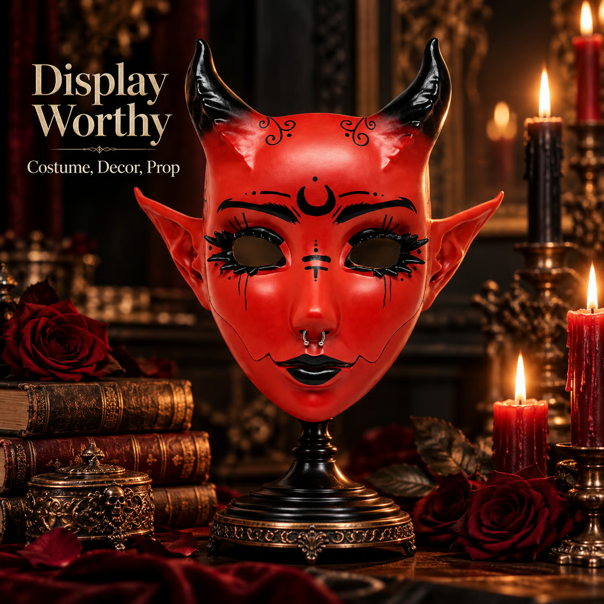 😈 Crimson Horned Demon Mask – Gothic Devil Cosplay Mask for Halloween, Masquerade & Dark Fantasy Looks 🖤