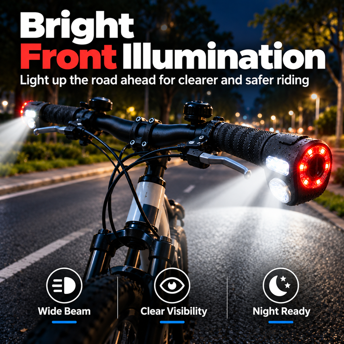 🚴 Dual-Direction Handlebar Safety Lights – USB Rechargeable Front & Rear Bike Lights with Hidden Bar-End Installation