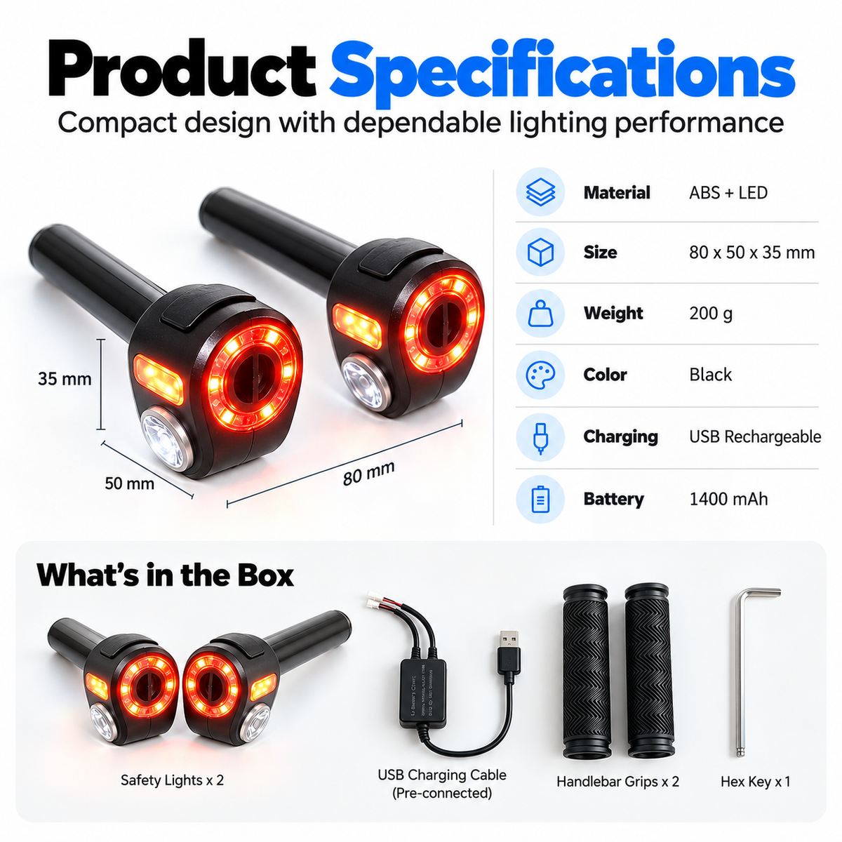 🚴 Dual-Direction Handlebar Safety Lights – USB Rechargeable Front & Rear Bike Lights with Hidden Bar-End Installation