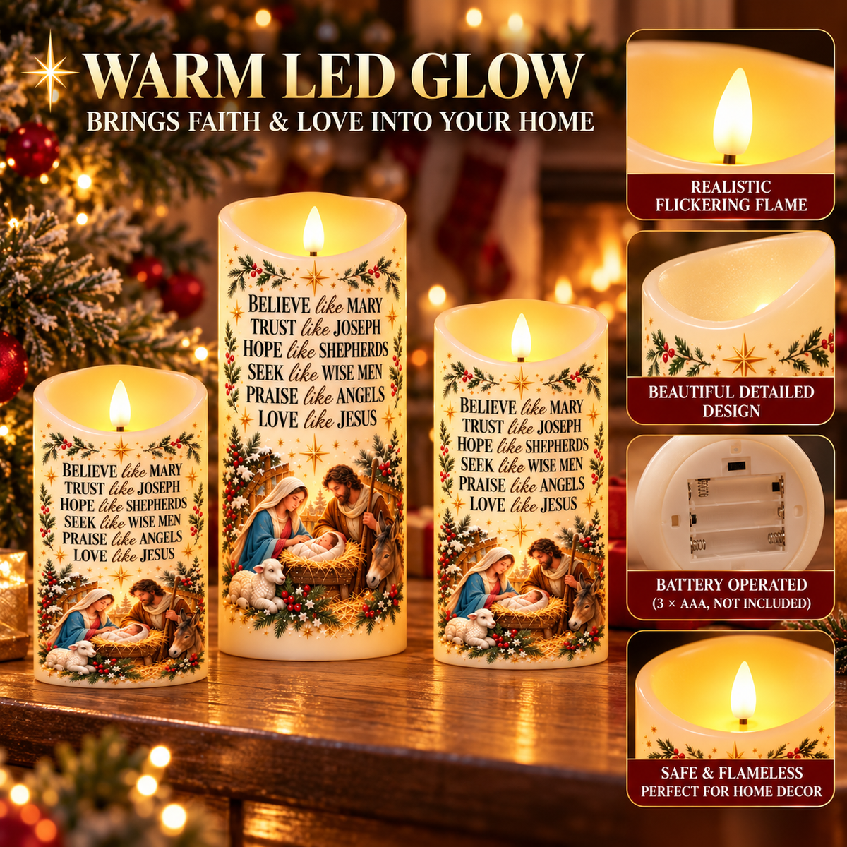 ✝️ Believe Like Mary – 🕯️ LED Nativity Christmas Candle