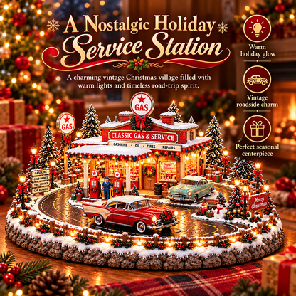 🚗🎄 Christmas Classic Gas Station Village™ – Lighted Vintage American Gas Station with Classic Cars