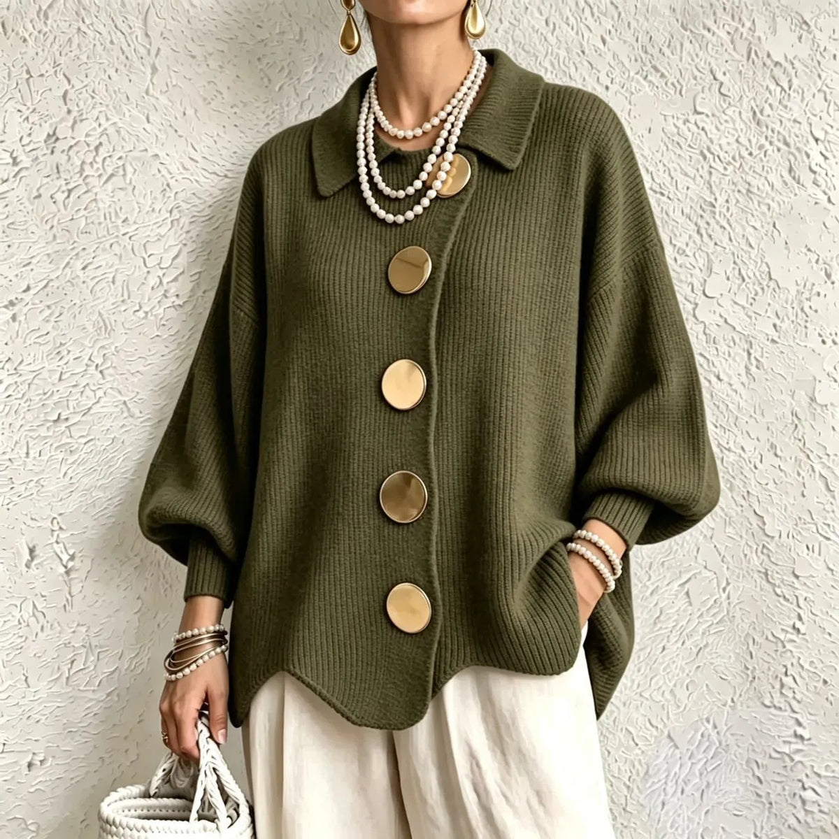 Women's French Knit Cardigan Metal Buttons Irregular Hem