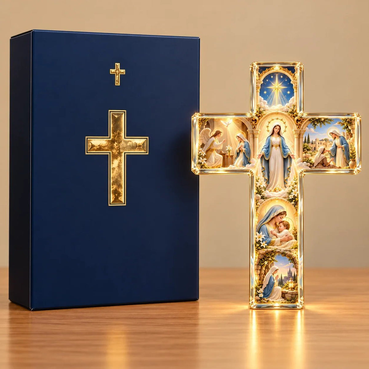 ✝️✨ Mary’s Sacred Journey – Illuminated 6-Scene Cross