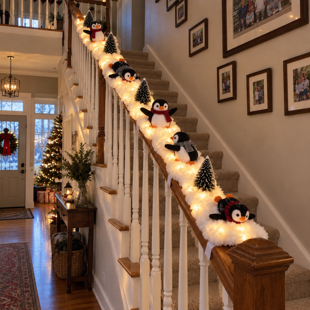 Playful Penguin Snowy Stair Railing Decor